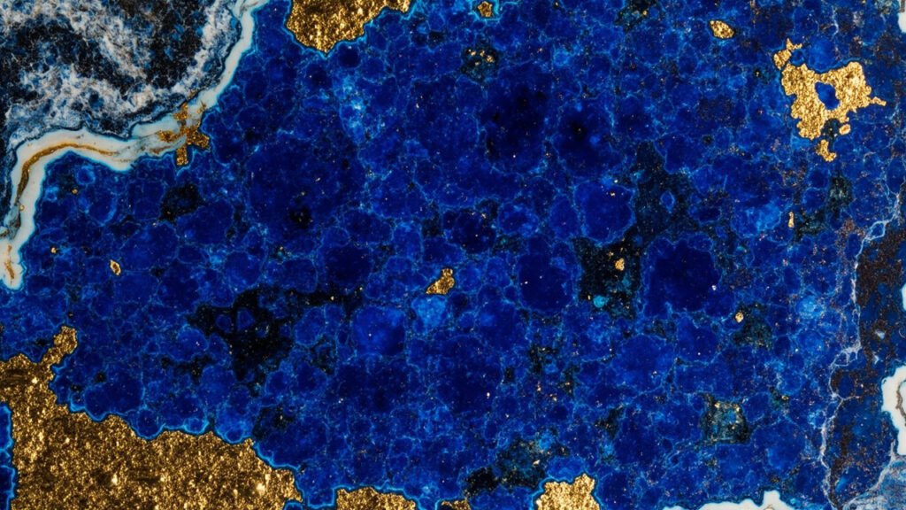 Dalle de lapis-lazuli poli, bleu outremer et pyrite dorée.