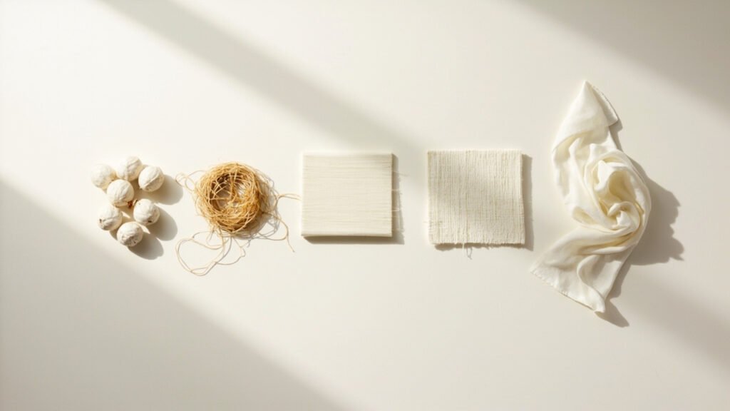 De gauche à droite : cocons, fil brut, tissu tissé, soie finie.