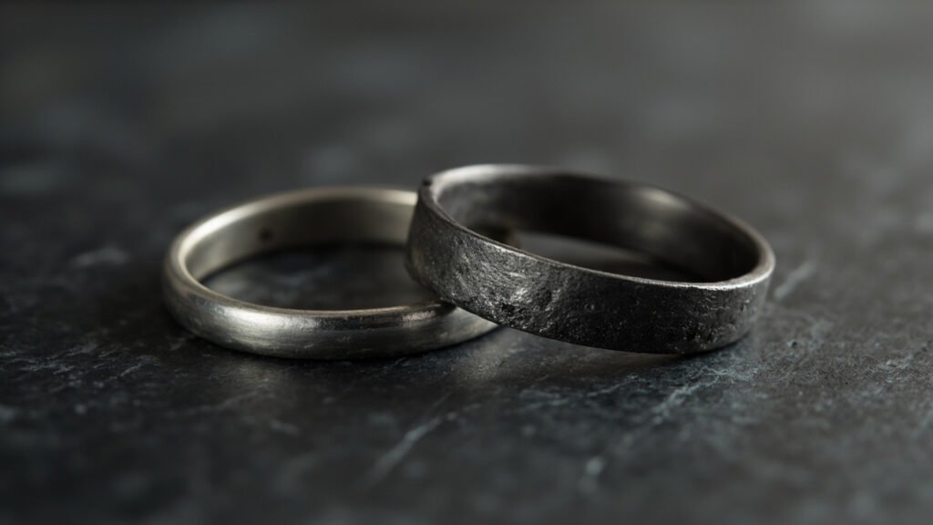 Deux alliances identiques, palladium intact et argent oxydé sur ardoise.