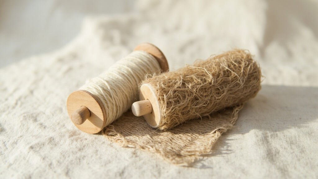 Deux bobines de fil de lin, wet spun contre dry spun.