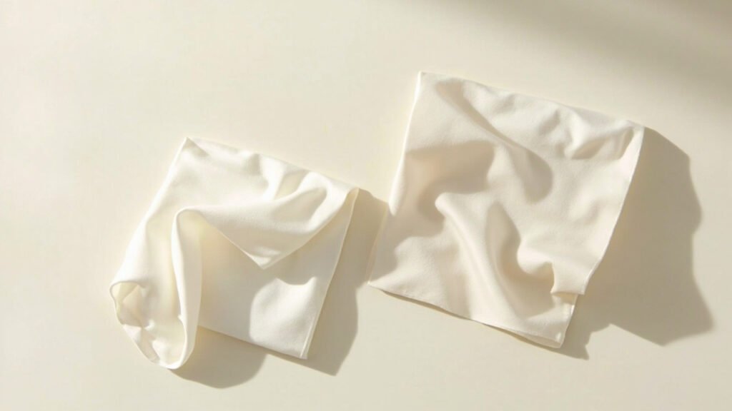 Deux coupons ivoire, soie et satin, brillance identique et plis semblables.
