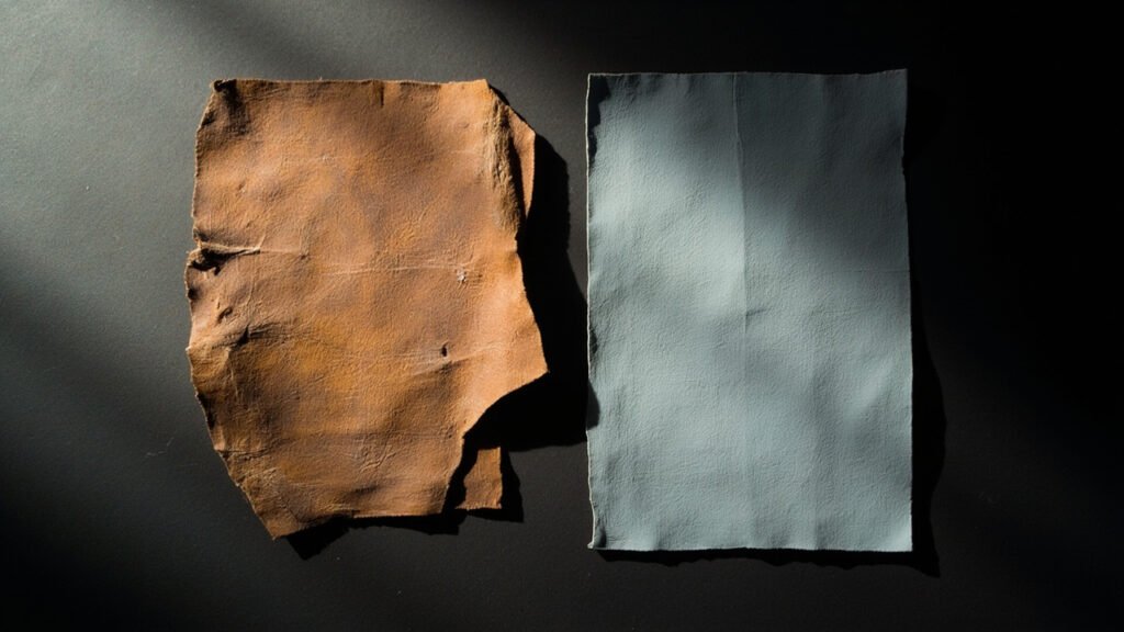 Deux cuirs contrastés : miel végétal rigide, bleu chrome souple.