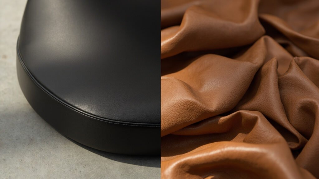 Deux cuirs opposés : tendu automobile anthracite contre drapé mobilier cognac.