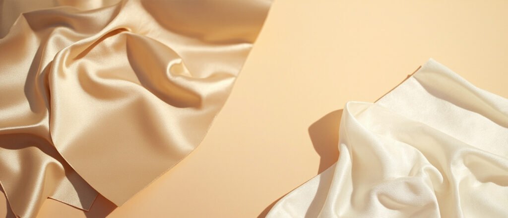 Deux drapés: satin champagne brillant et soie ivoire aux reflets naturels.