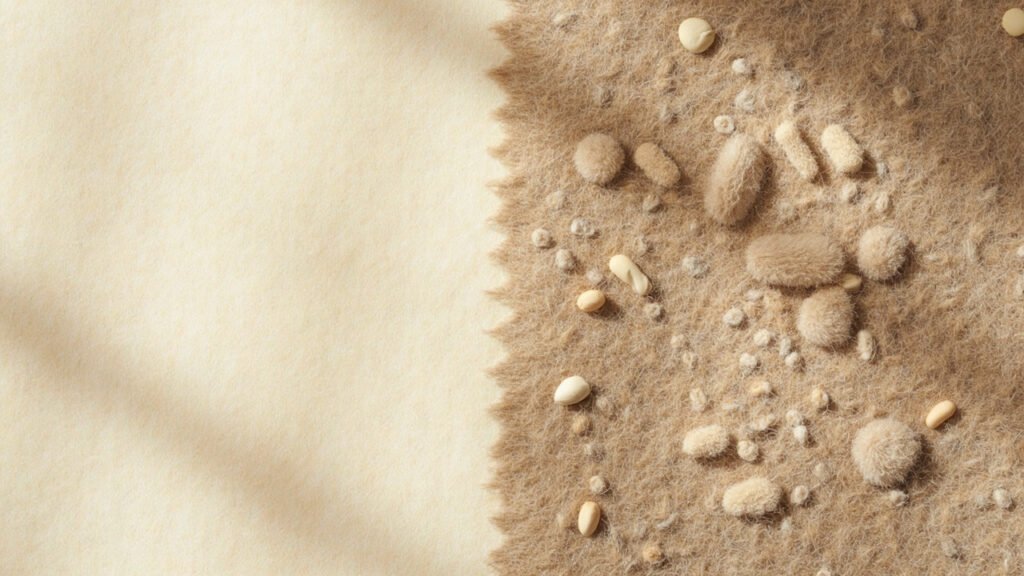 Deux échantillons cachemire, surface lisse à côté d'un tissu bouloché.