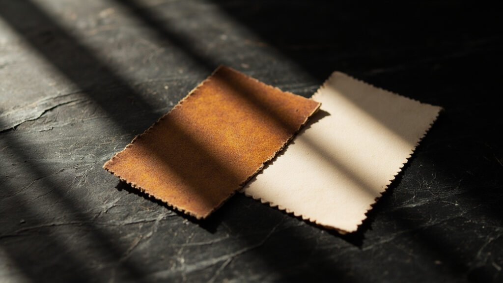 Deux échantillons de cuir aniline à différents stades de patine.