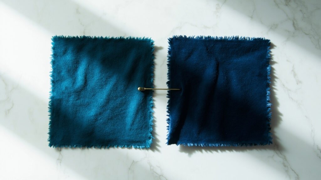 Deux échantillons de velours bleu, poil brossé vers le haut et vers le bas.