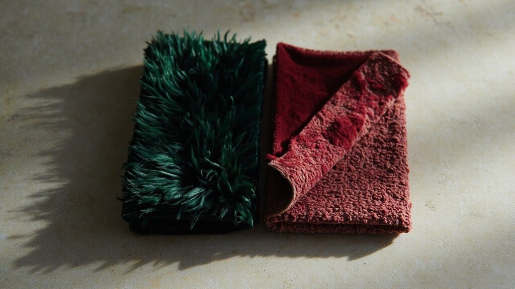 Deux échantillons de velours, vert dense et rouge écrasé.