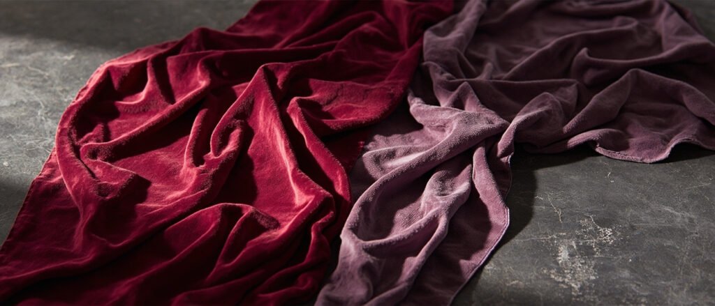 Deux panneaux de velours, rubis et améthyste, drapés côte à côte.