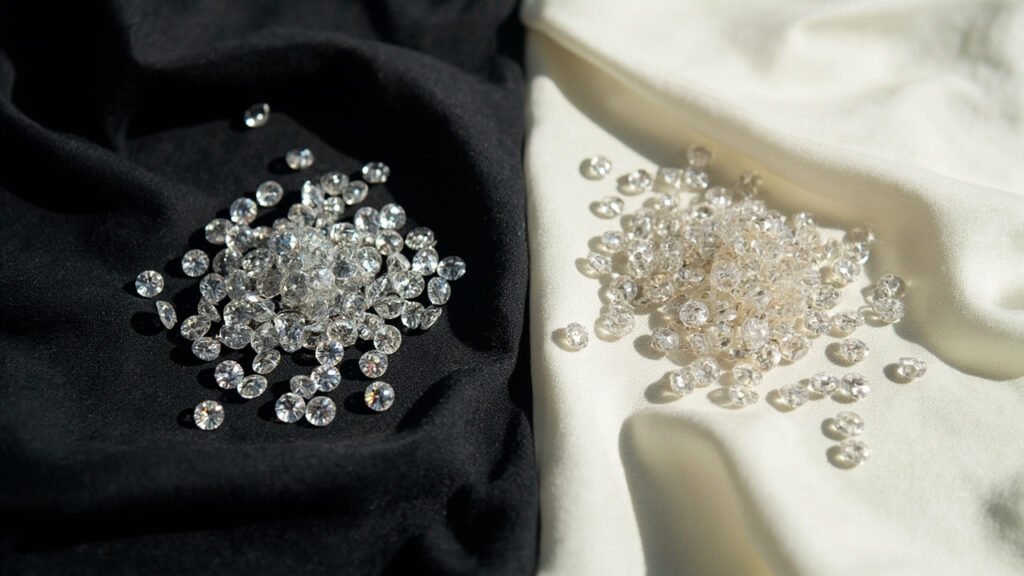 Deux tas de diamants ronds sur soie et satin, identiques.