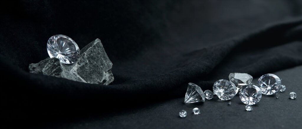 Deux visages du diamant : cristal brut dans la kimberlite et pierre taillée sur velours noir.