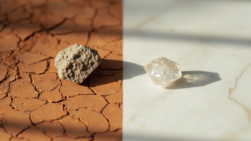Diamant brut dans l'argile et cristal synthétique sur marbre.