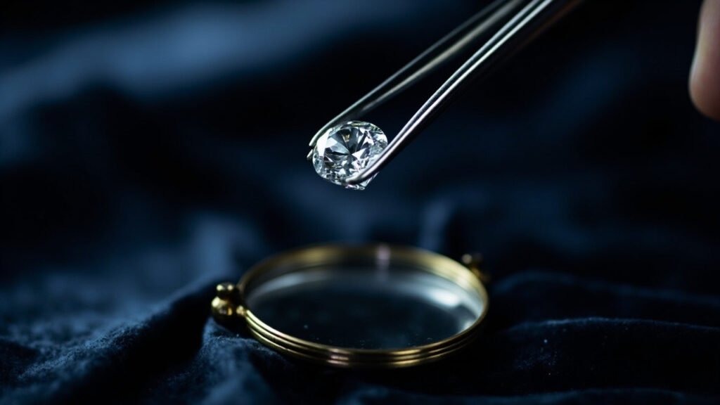 Diamant en pince sur velours bleu marine avec loupe de bijoutier.