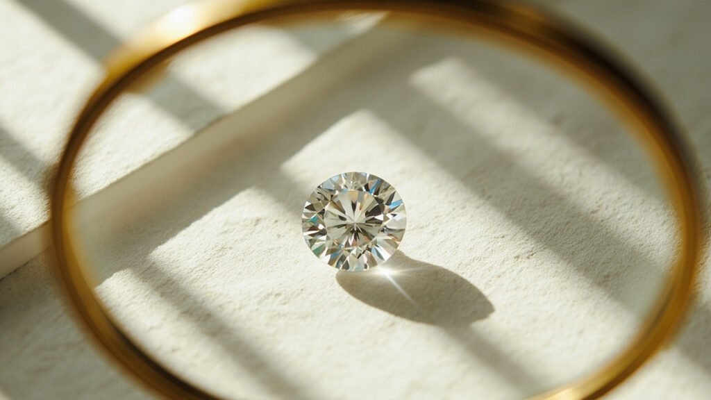 Diamant examiné à la loupe montrant inclusion et proportions.