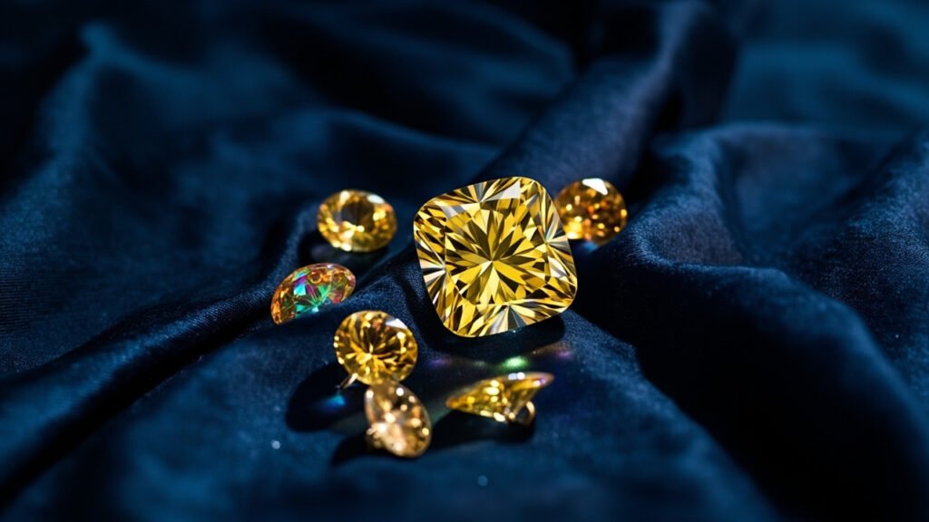 Diamant jaune vif sur soie bleu nuit.