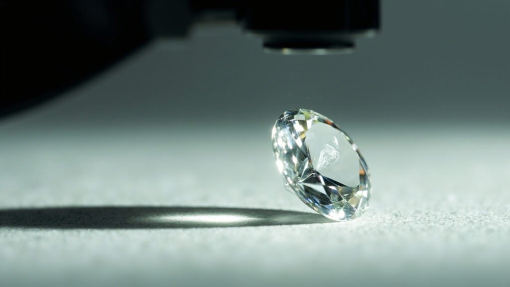 Diamant sous loupe révélant ses inclusions internes.