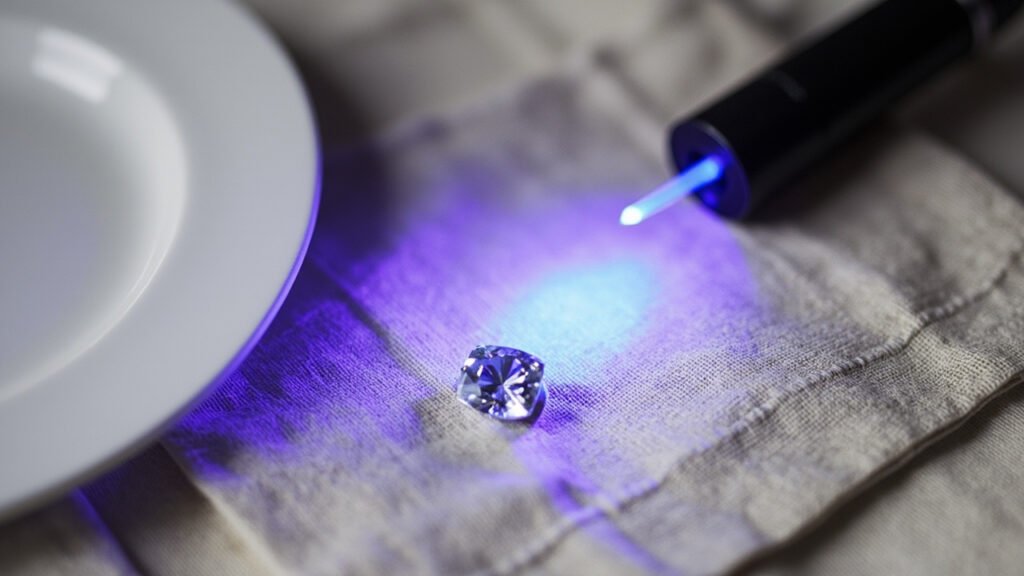 Diamant sur lin crème, lampe UV révélant fluorescence bleue.