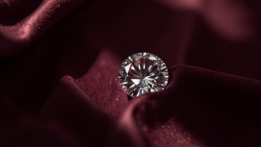 Diamant taille brillant posé sur velours de soie bordeaux.