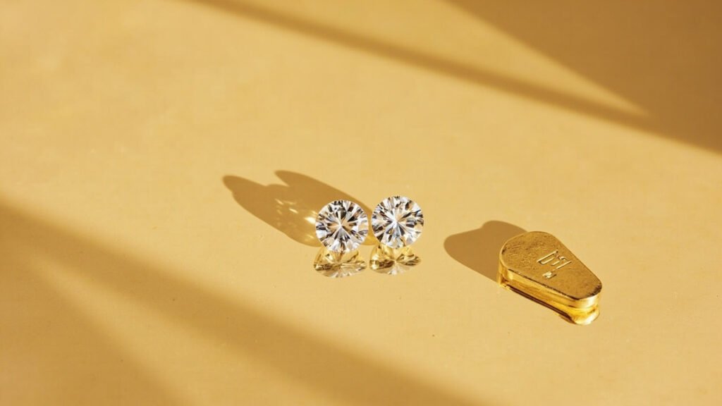 Diamants posés sur feuille d'or poli, jeu de contrastes.