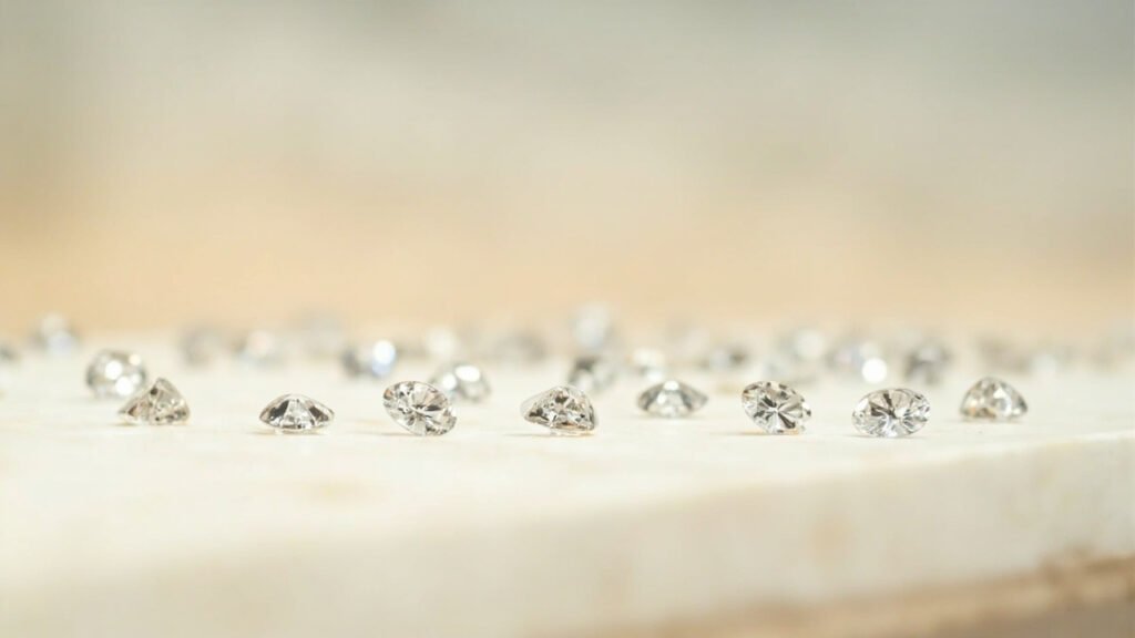 Diamants ronds alignés sur albâtre pâle illustrant la couleur.