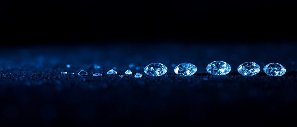 Diamants ronds sur velours noir, fluorescence bleue sous lumière ultraviolette.