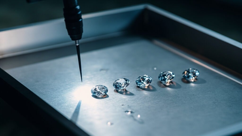 Diamants sur plateau d'acier, spectroscope à fibre optique pointé.