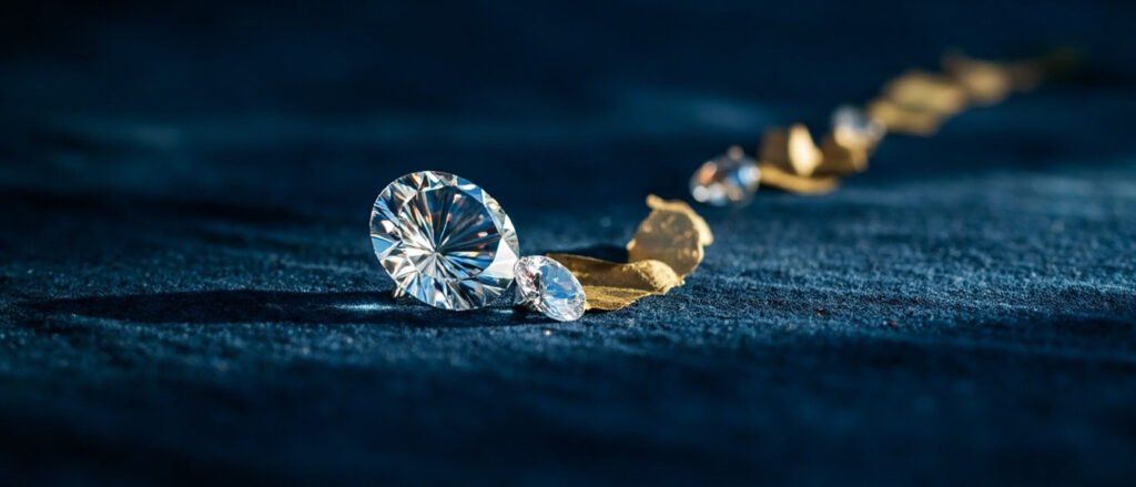 Diamants taillés sur velours bleu nuit, filet d'or brut, lumière prismatique.