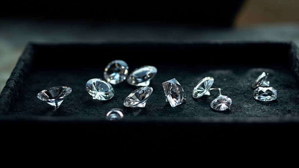 Différentes tailles de diamant disposées dans un écrin de velours.
