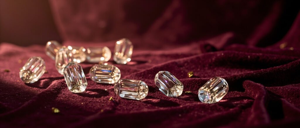 Doublets, triplets et strass étincelants sur velours bordeaux, couches visibles.