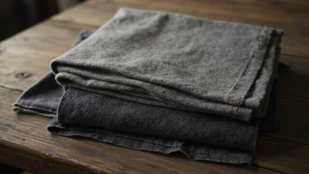 Drap de laine charbon drapé sous une nappe de cachemire gris tourterelle.