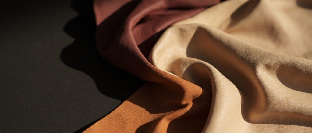 Drapé de cuir box noir, bordeaux, cognac et nude, grain fin.