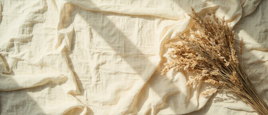 Drapé de lin écru brut avec tiges de lin séchées.