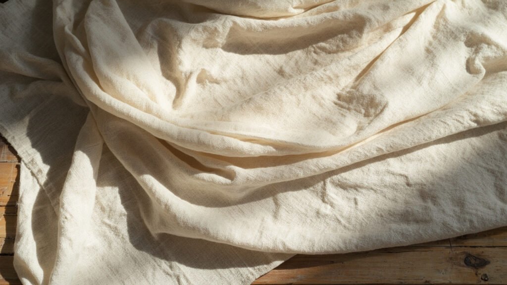 Drapé de lin écru en lumière rasante, texture révélée.