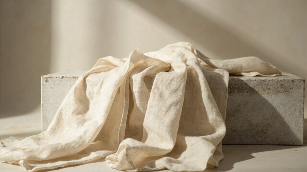 Drapé de lin écru sur pierre calcaire, lumière révélant la trame.