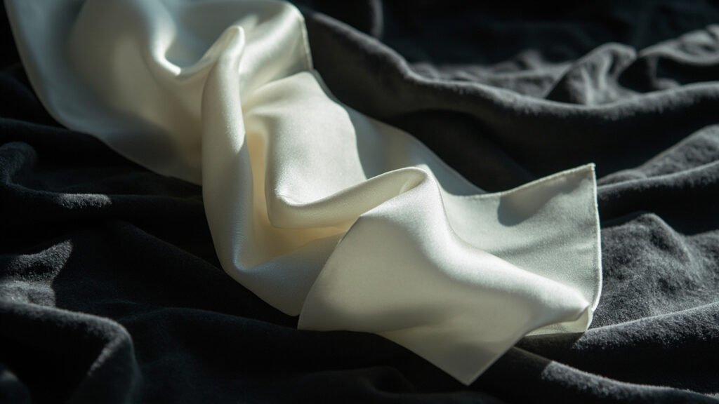 Drapé de satin blanc perlé sur velours charbon, brillance soyeuse.