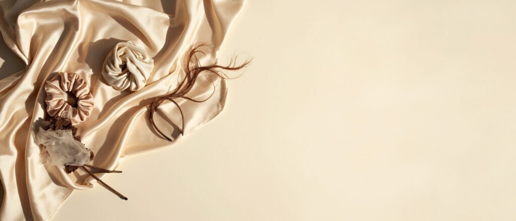 Drapé de satin champagne avec accessoires capillaires et mèches de cheveux bruns.