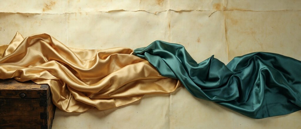 Drapé de satin champagne et sarcelle sur parchemin ivoire vieilli