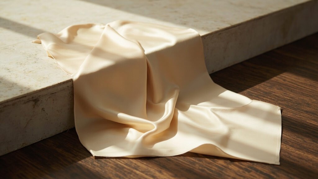 Drapé de satin champagne sur un plan de travertin, lumière rasante.