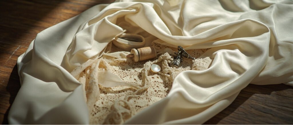 Drapé de satin ivoire et champagne, dentelle Chantilly, nacre et soie.
