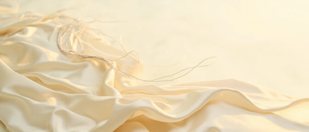 Drapé de satin ivoire perlé lumineux, traversé de fils fins tirés.