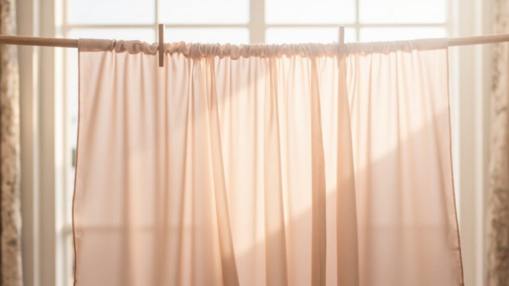 Drapé de satin rose suspendu sur tringle en bois clair.