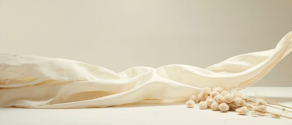 Drapé de soie charmeuse écrue avec cocons et fibres naturelles.