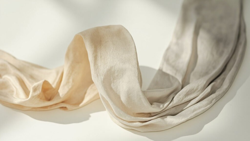 Drapé de soie dupioni bicolore champagne et gris tourterelle.
