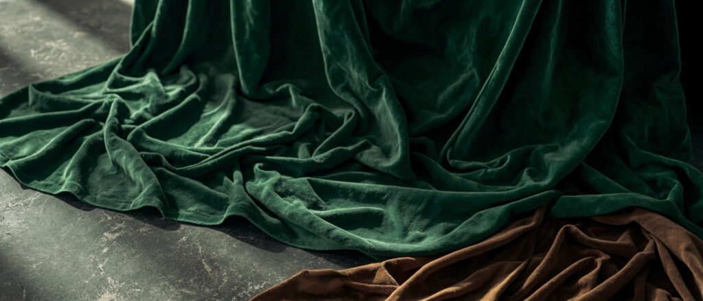Drapé de velours émeraude en plis doux sur pierre sombre, lumière rasante.