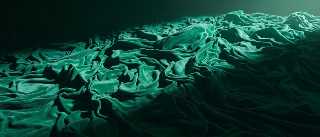 Drapé de velours émeraude, plis sculpturaux, lumière rasante, teintes changeantes.