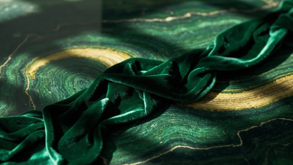 Drapé de velours vert changeant, plis éclairés en or par lumière latérale.