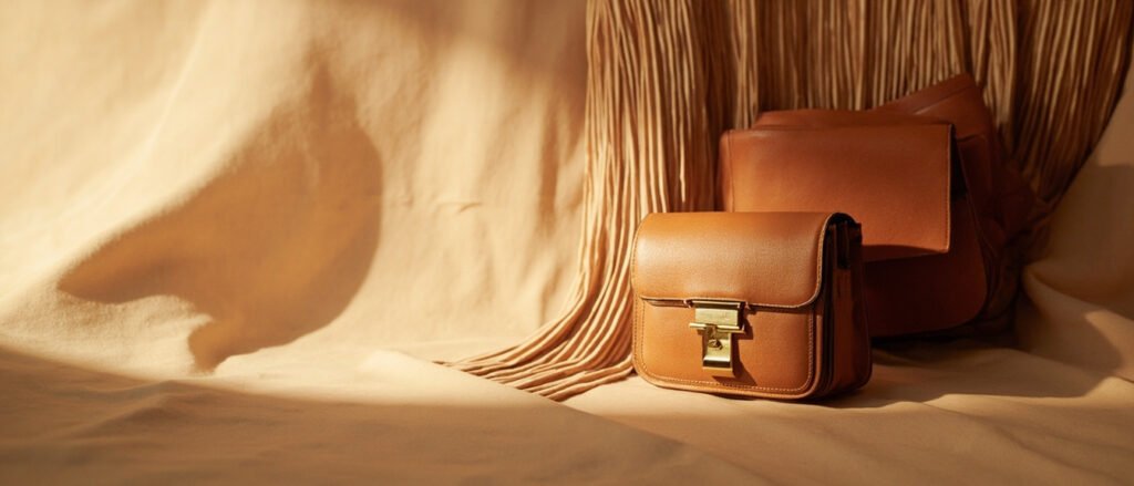 Drapé panoramique de cuir cognac avec sac matelassé iconique en lumière dorée.