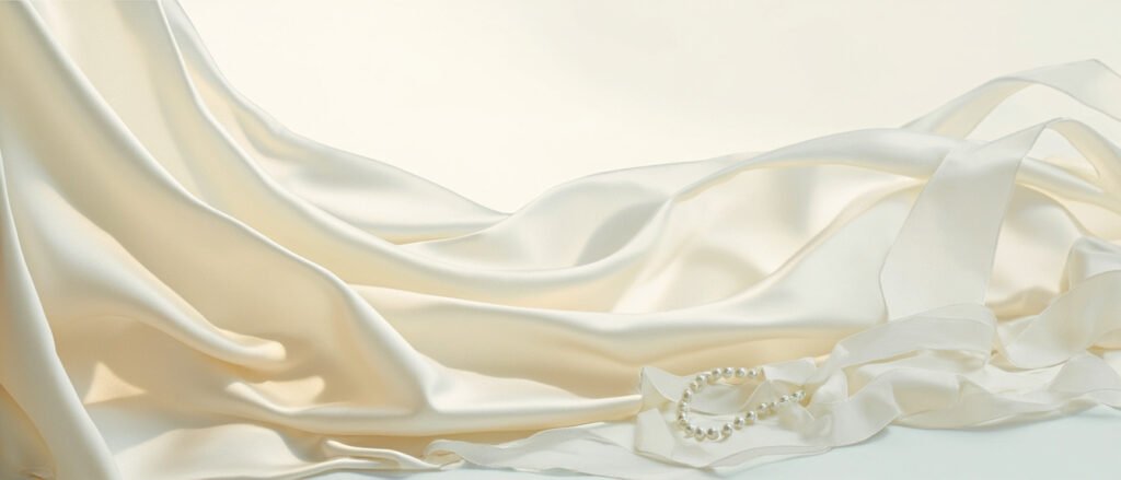 Drapé panoramique de satin blanc perlé, plis lumineux, perles et rubans.