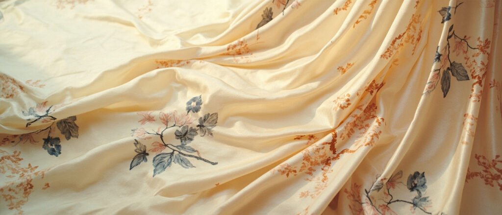 Drapé panoramique de soie chine vintage aux motifs floraux estompés.