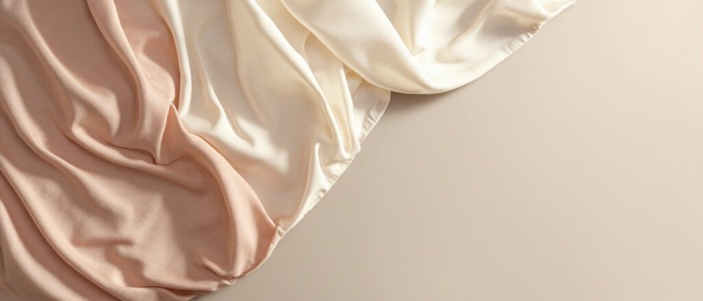 Drapé panoramique : duchesse ivoire, charmeuse champagne et crêpe rose poudré.